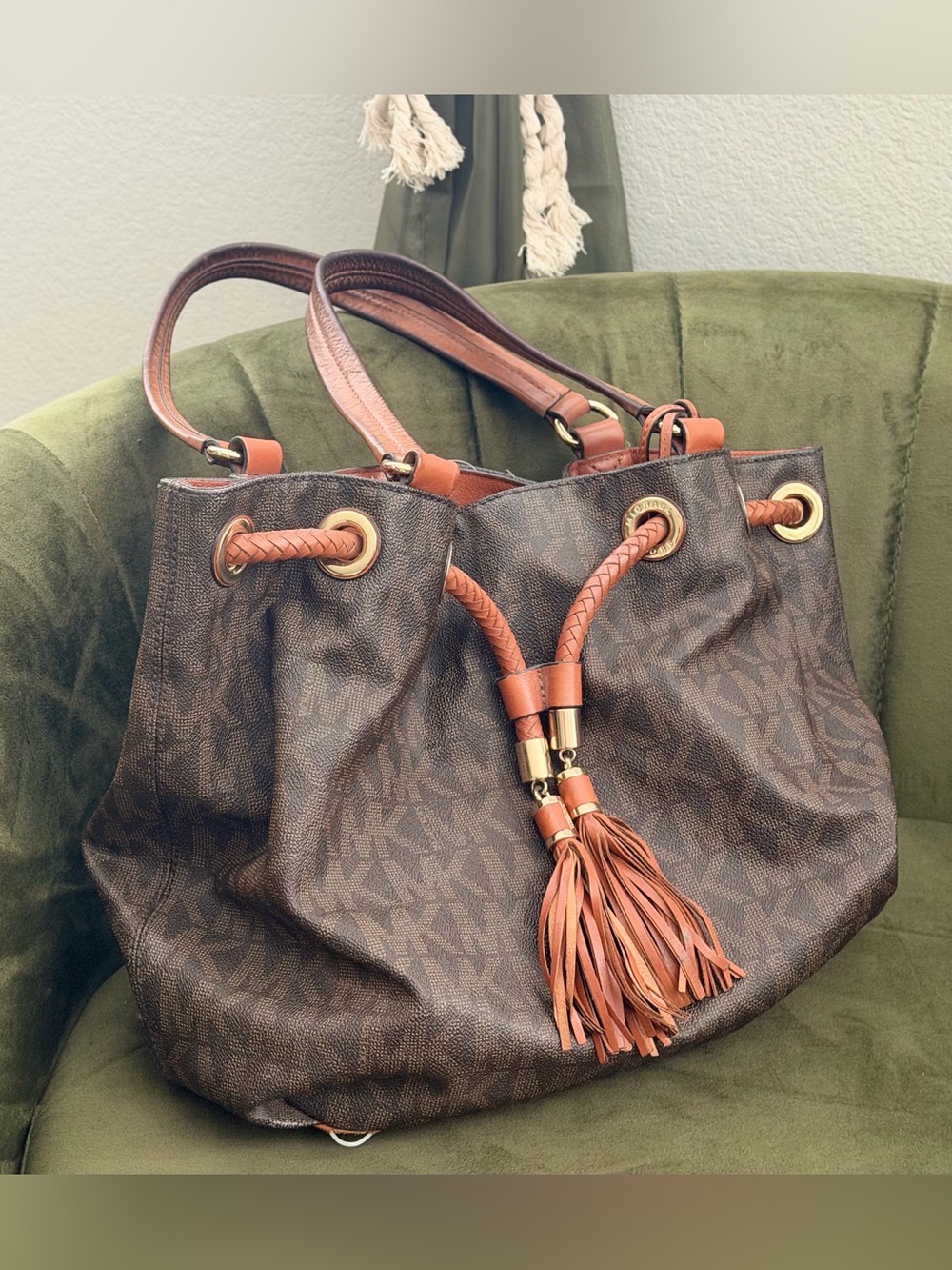 Michael Kors Brown Logo Tote with Tan Tassel Accents